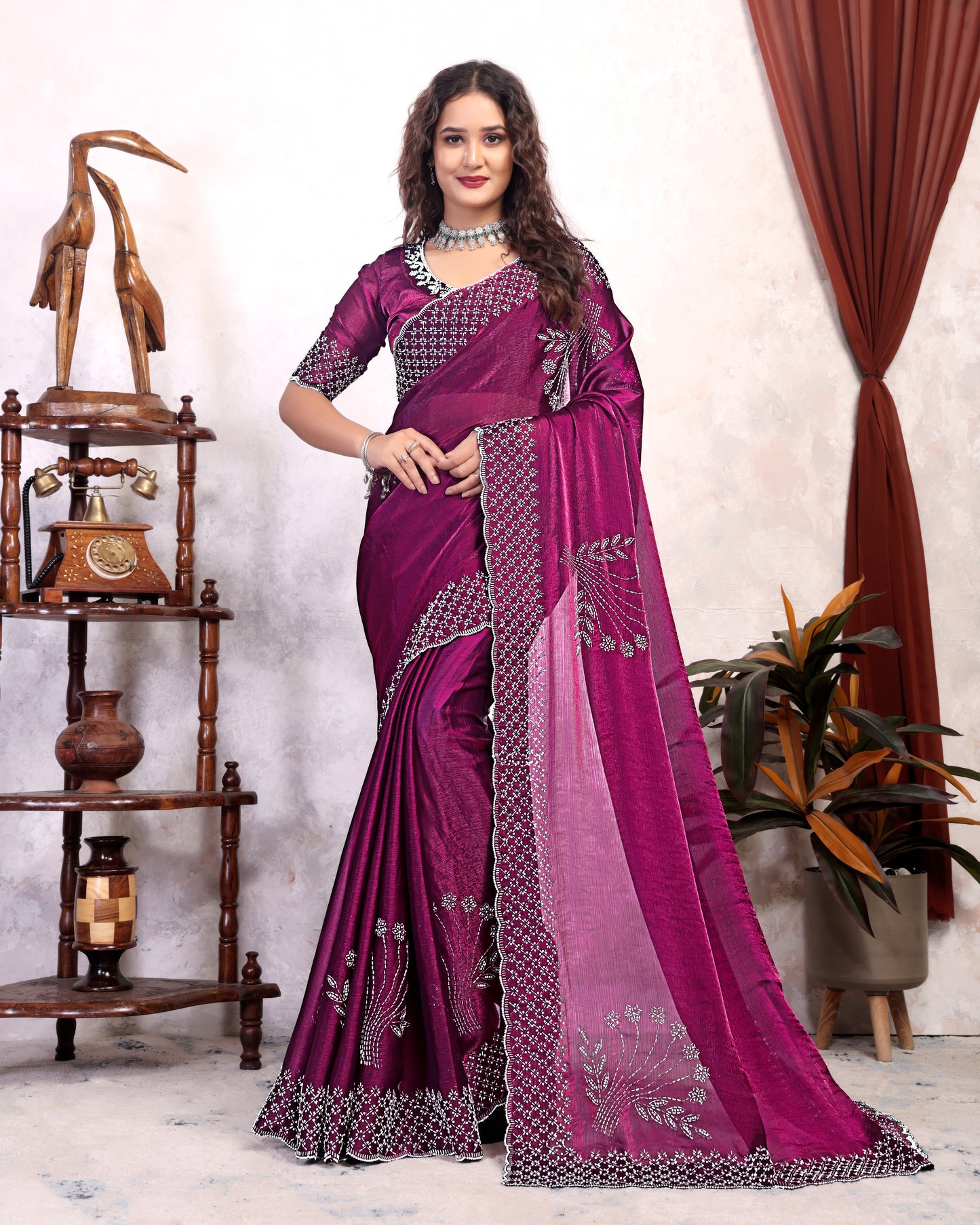 Fancy Zarkhan Diamond Work Saree