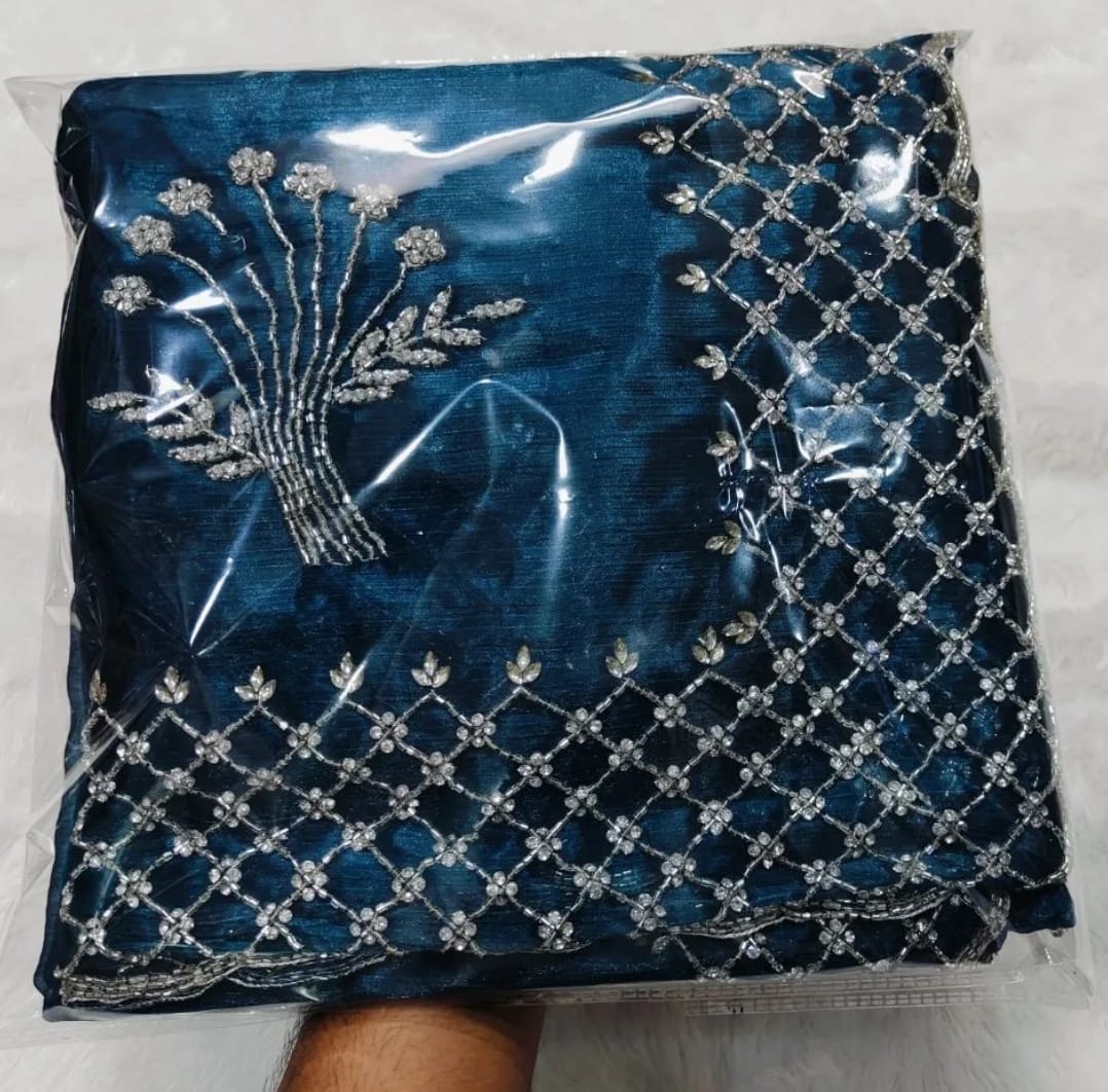 Silk Wedding Blue Zarkhan Diamond Stone Cut Work Saree