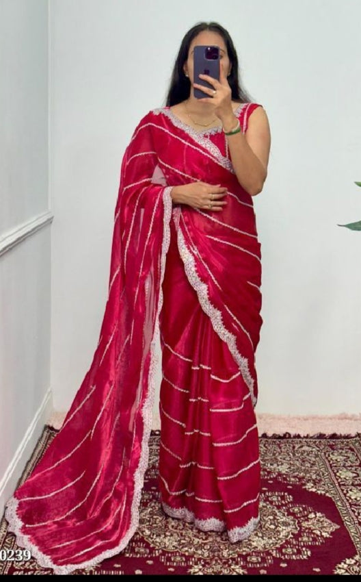 Red Designer Silk Saree with Zarkhan Diamond Work