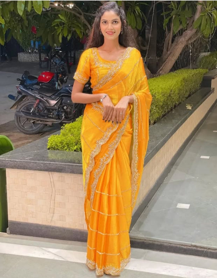 Beautiful Yellow Colour original Zarkhan Dimond work Border with cut work