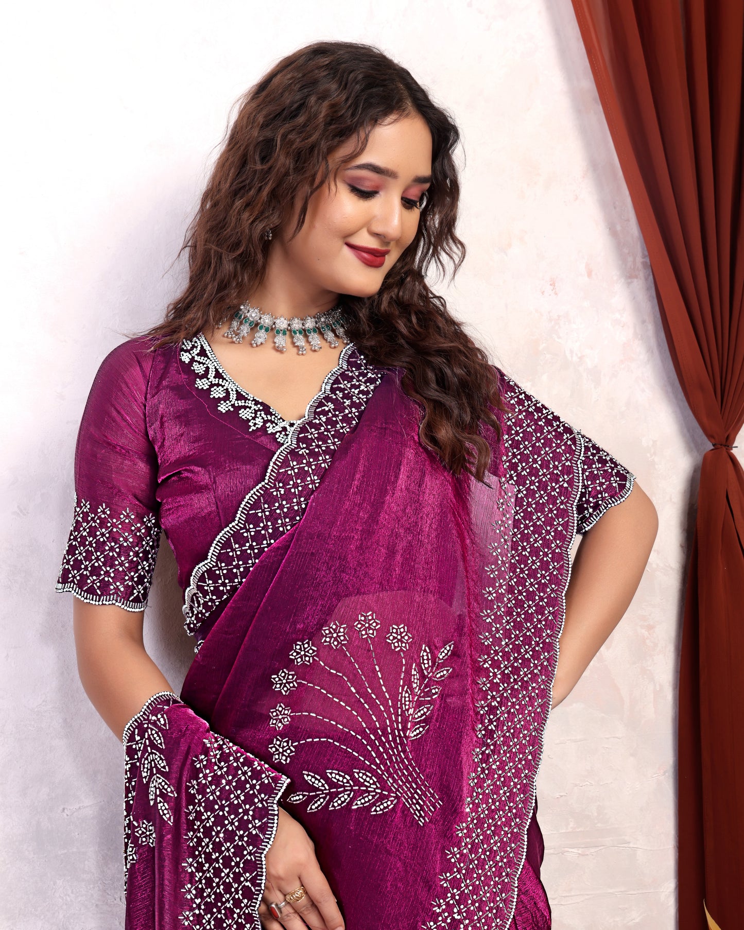 Fancy Zarkhan Diamond Work Saree