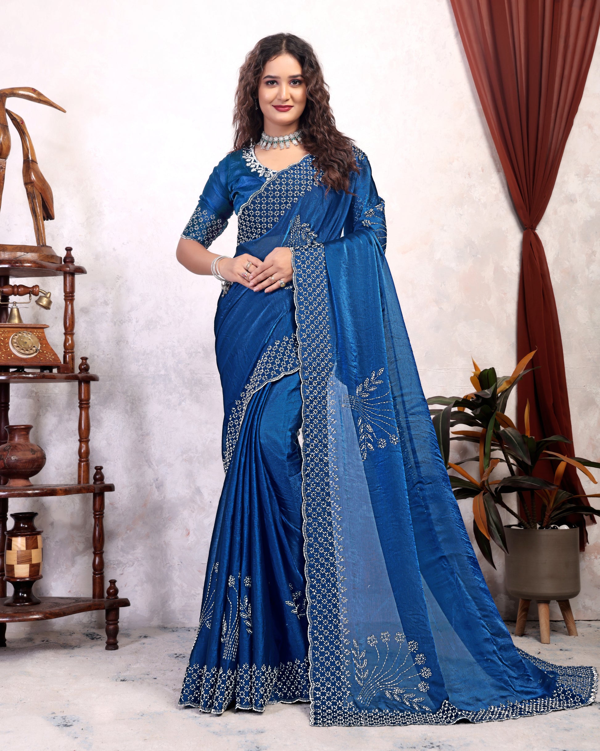 Party Wear Zarkhan Diamond Work Saree