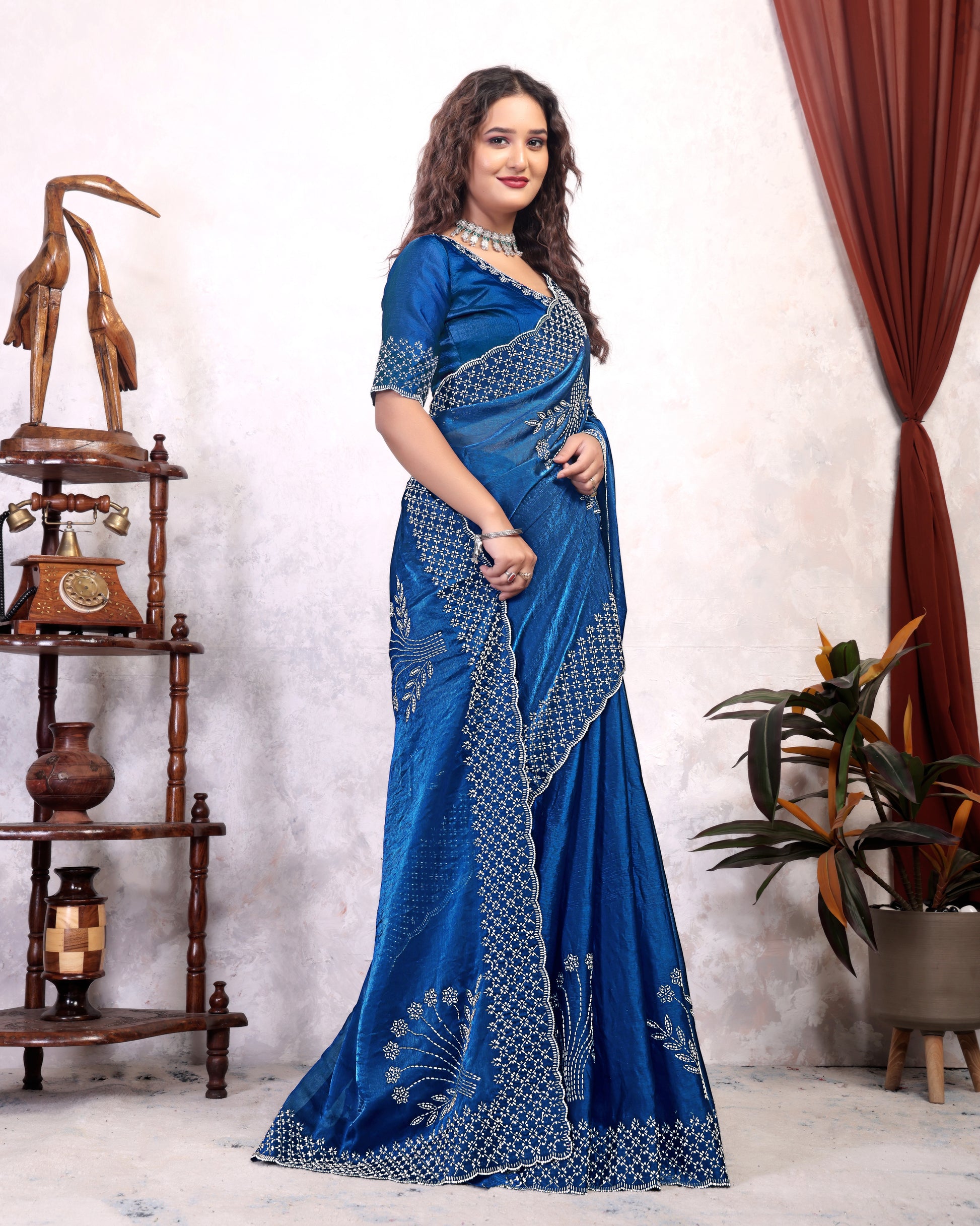 Party Wear Zarkhan Diamond Work Saree