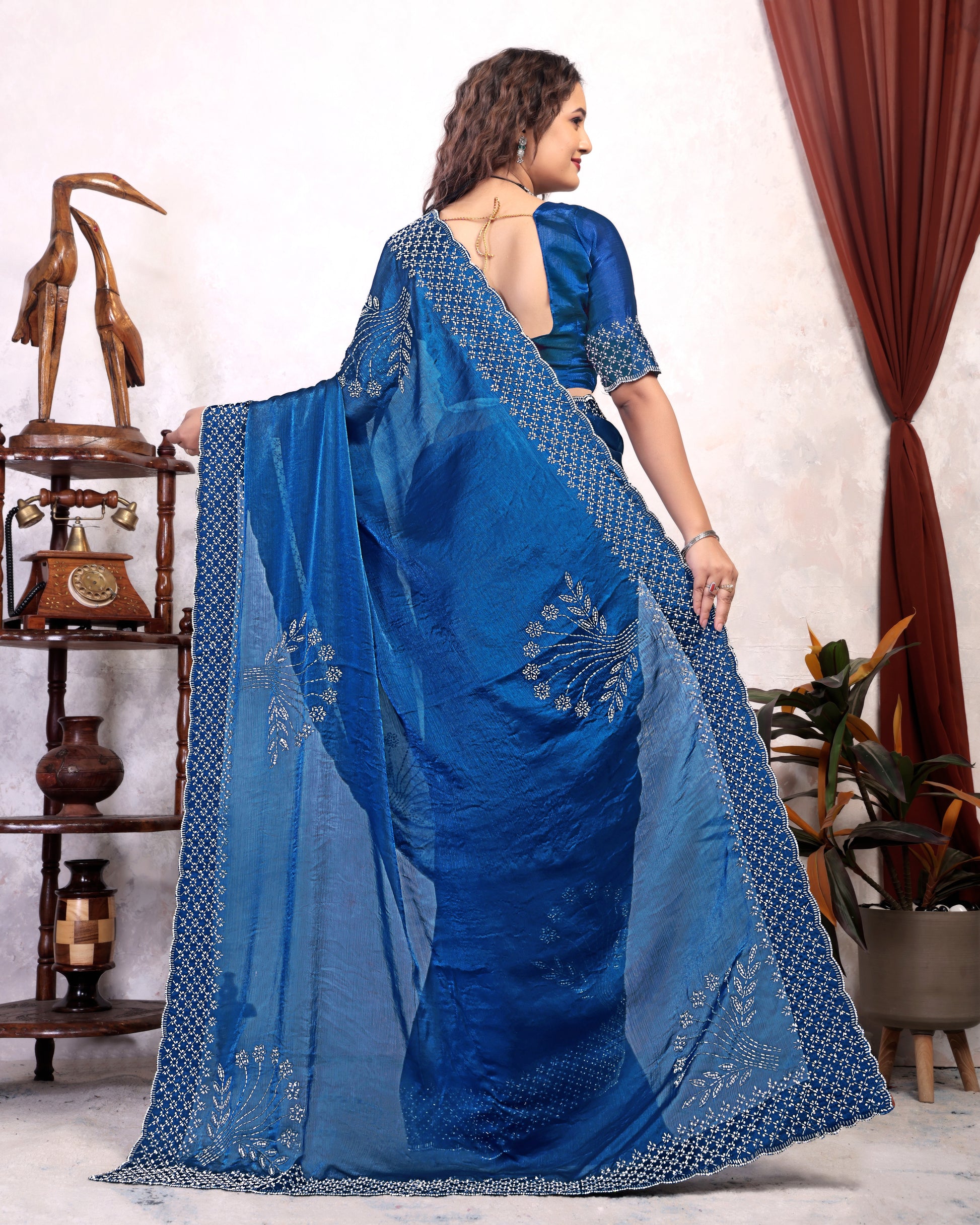 Party Wear Zarkhan Diamond Work Saree