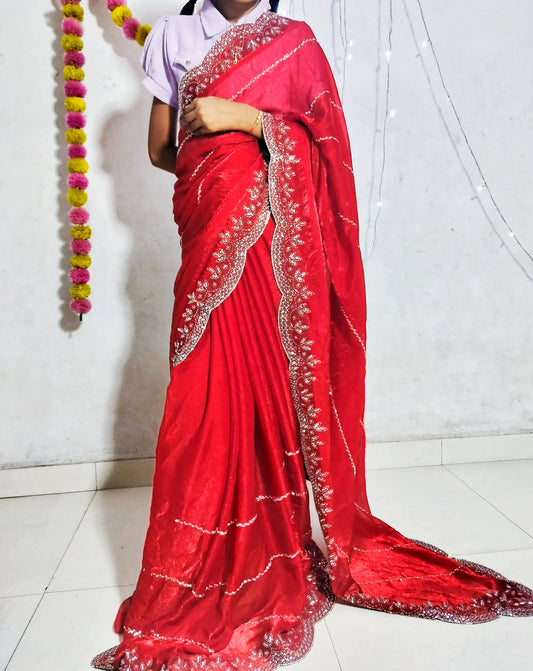 Beautiful Heavy Zarkan Diamond Work Saree