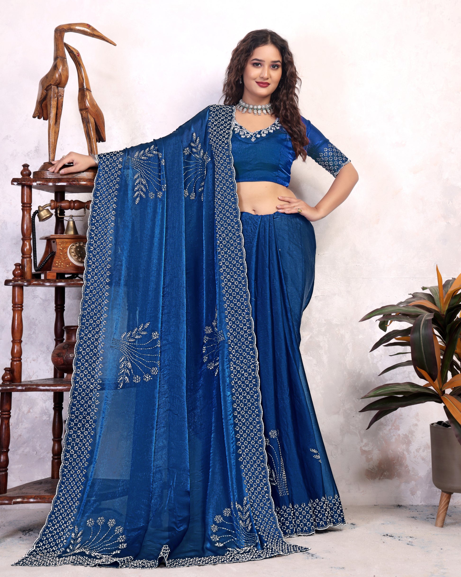 Party Wear Zarkhan Diamond Work Saree