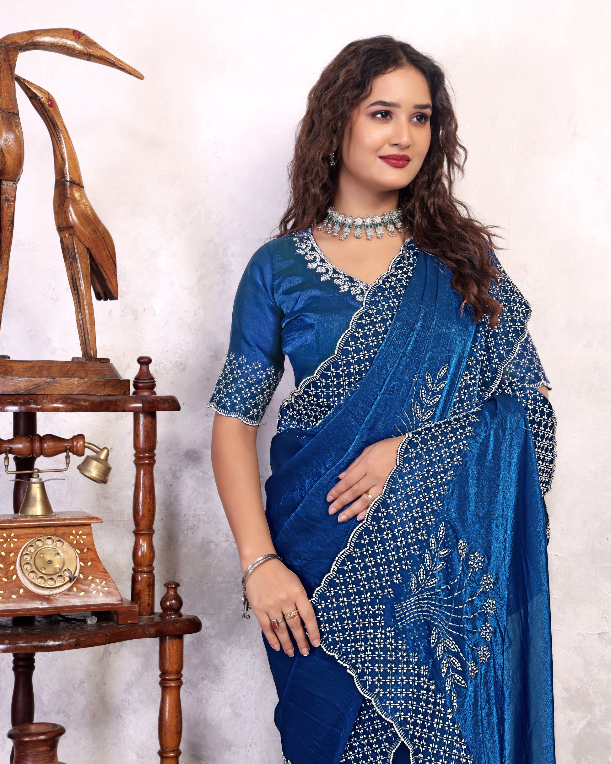 Party Wear Zarkhan Diamond Work Saree