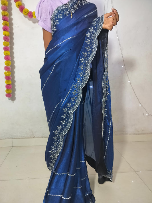 Beautiful Jarkhan Diamond Work In Space Silk Saree