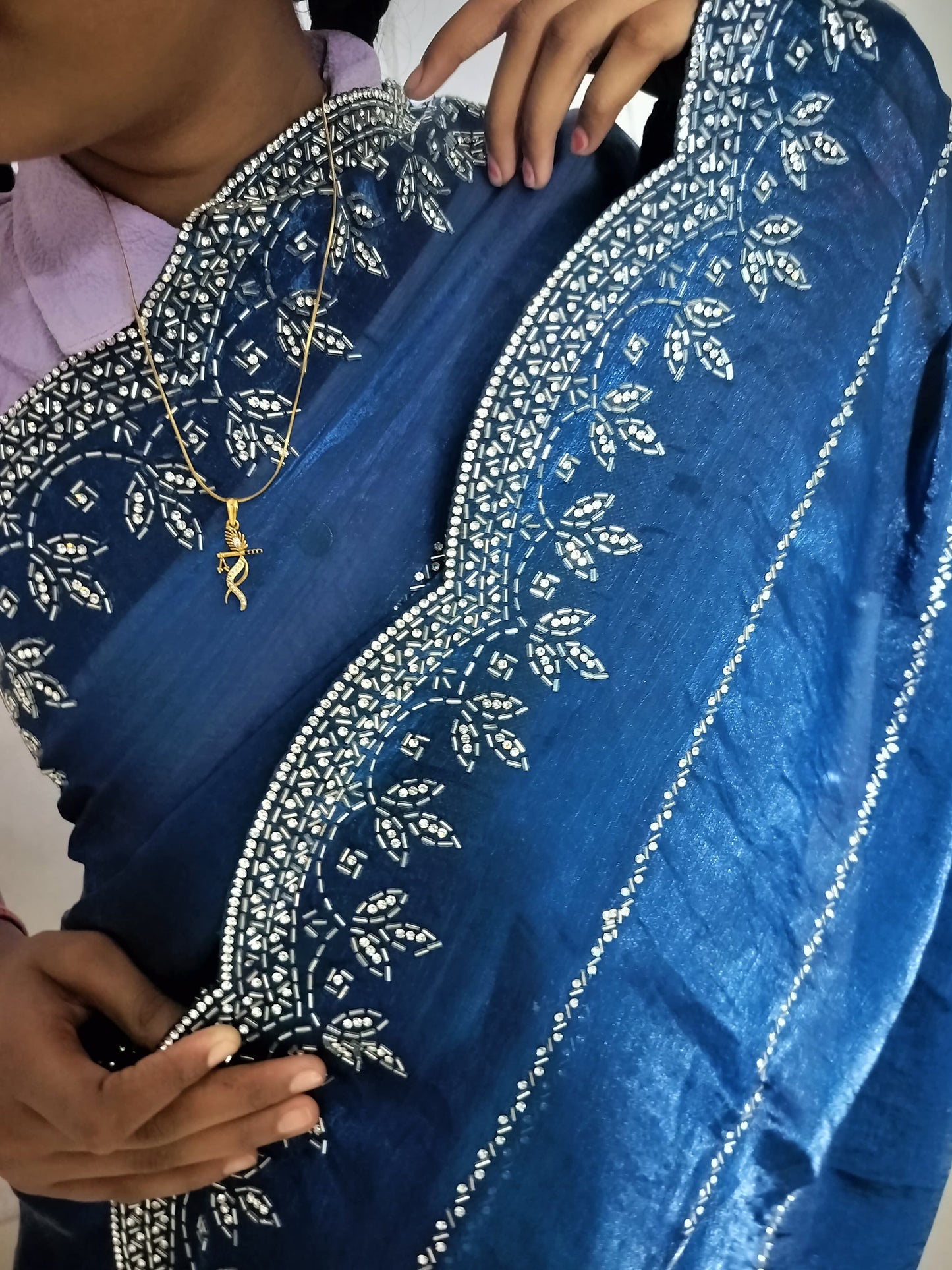 Beautiful Jarkhan Diamond Work In Space Silk Saree