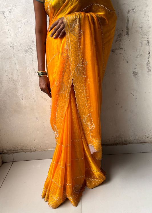 Beautiful Jarkhan Diamond Work Space Silk Saree