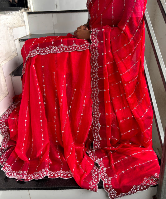 Heavy Wedding Wear Saree With Zarkan Diamond Work