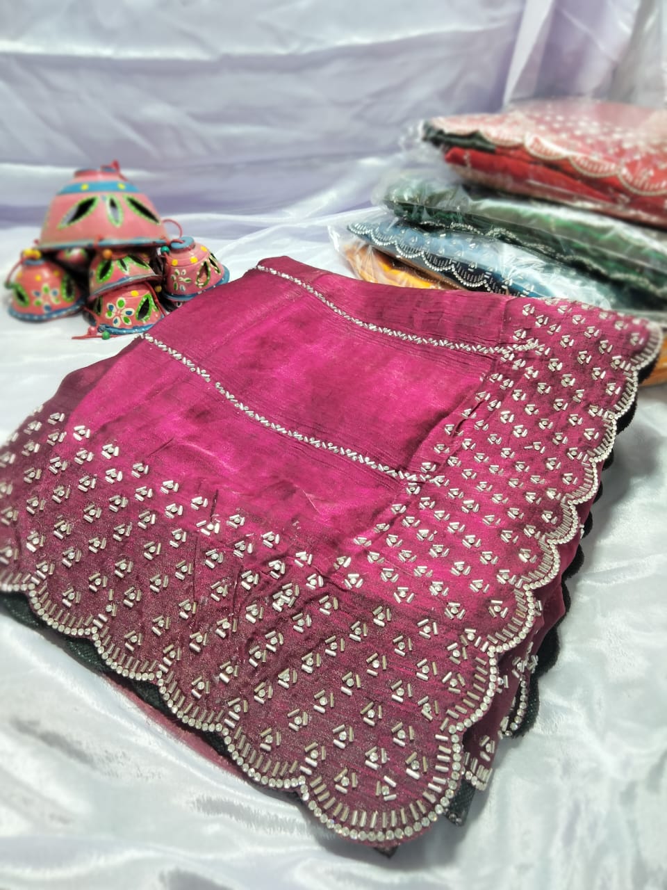 Womens New Barbari Zarkan Vool Diamond Work Saree With Blouse Piece