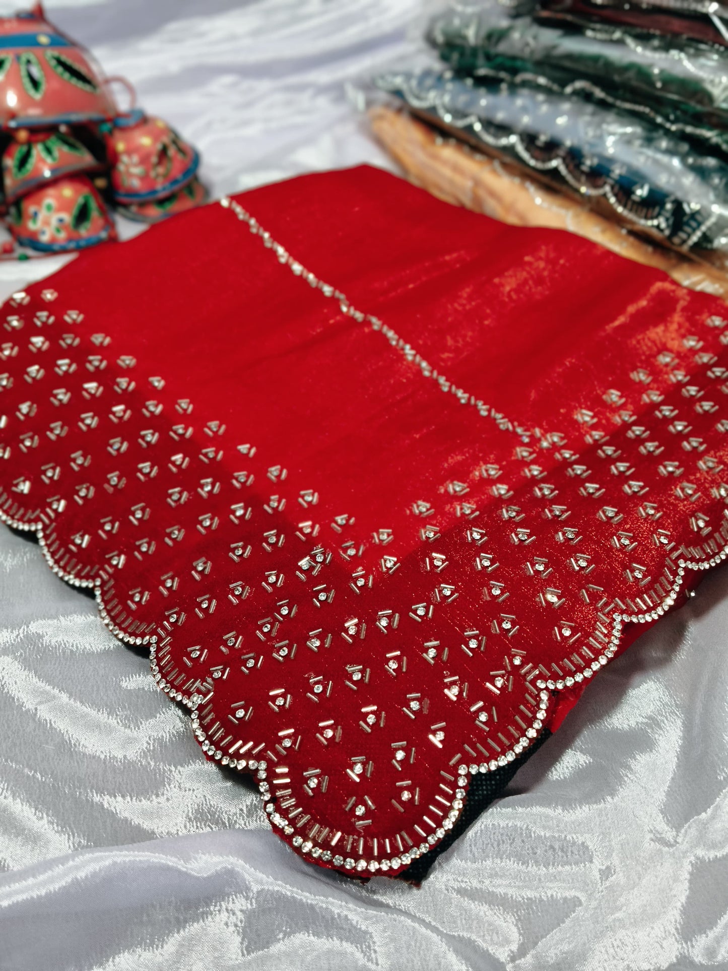 Peach Zarkan Diamond Work Crunchy Silk Fancy Fabric Saree