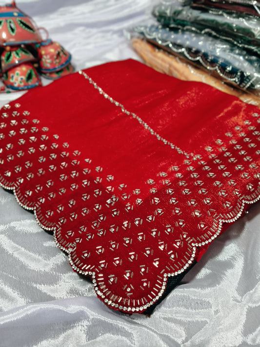 Peach Zarkan Diamond Work Crunchy Silk Fancy Fabric Saree