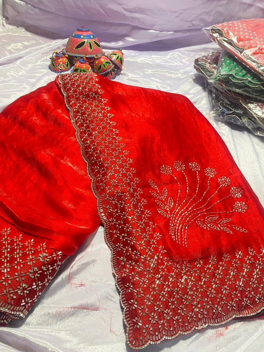 Beautiful Jarkhan Diamond Work Space Silk Saree