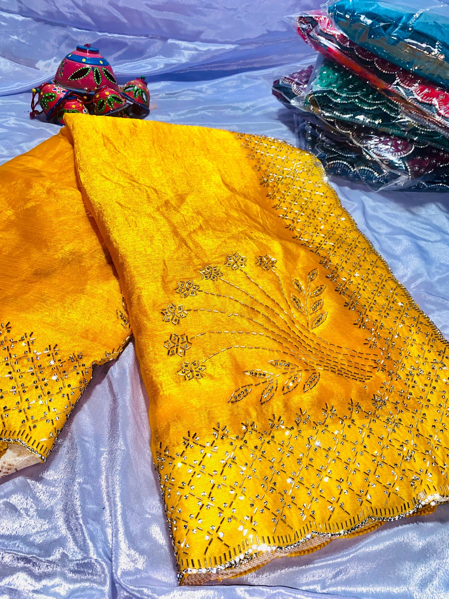 Beautiful Jarkhan Diamond Work In Space Silk Saree