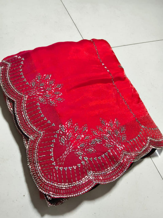 Diamond Work Red Color Silk Saree