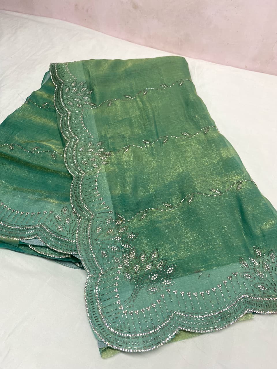 Beautiful Heavy Zarkan Diamond Work Saree